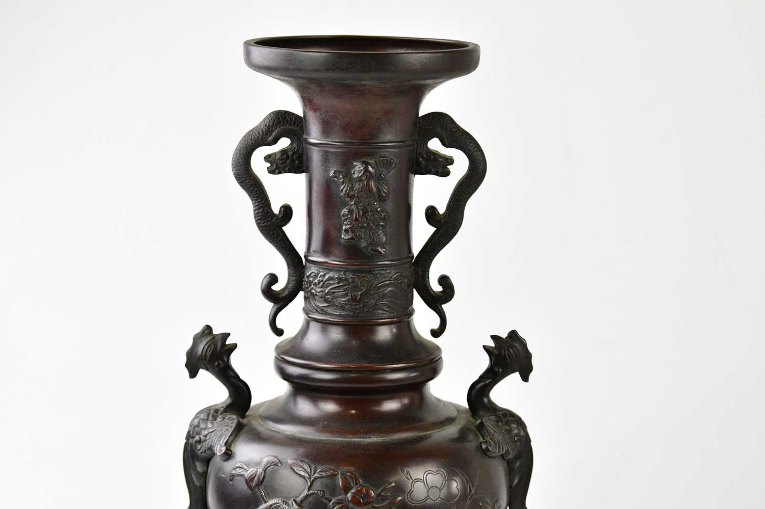 A large early 20th century Japanese bronze vase, with applied handles and crawling mythical - Image 2 of 8