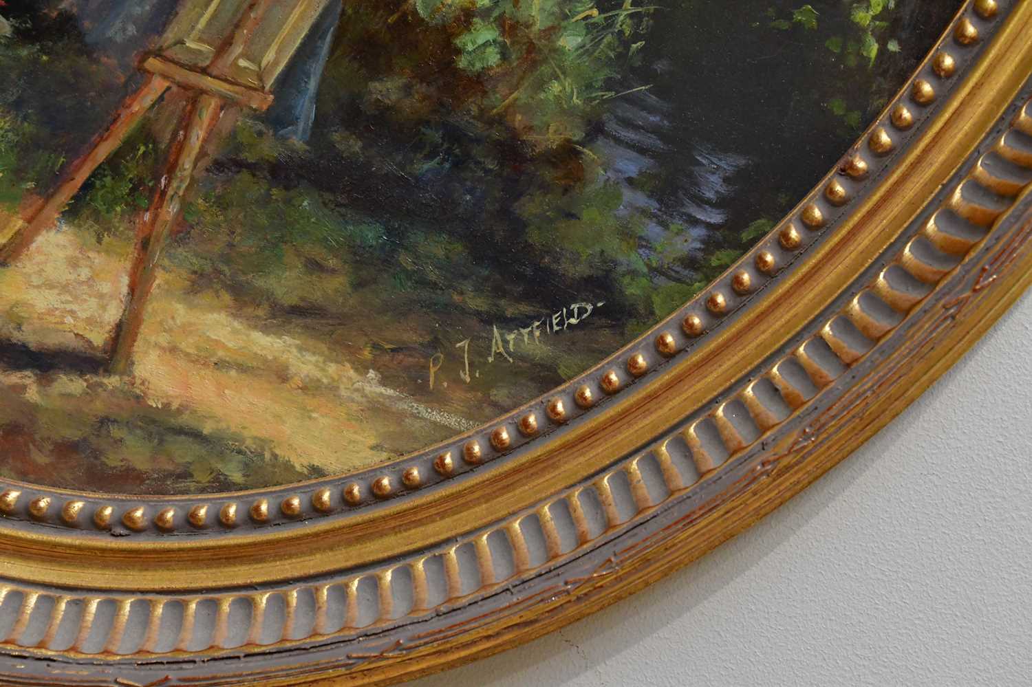 † PAUL ATTFIELD (born 1950) oval oil on board, girls painting landscape, signed, 49 x 39cm, framed. - Image 3 of 4