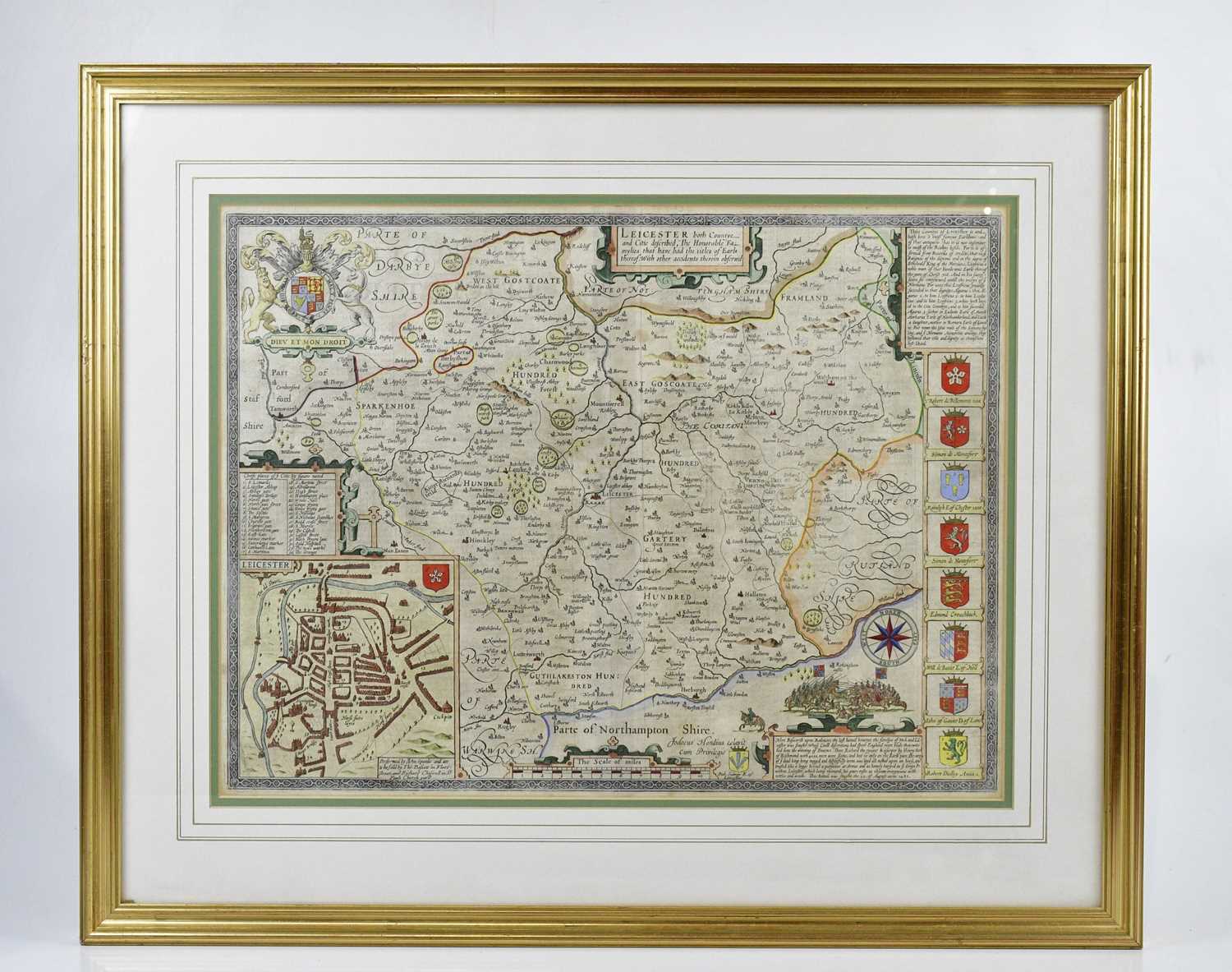 JOHN SPEED; a hand tinted map of Leicester, 39 x 52cm, framed and glazed.