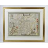 JOHN SPEED; a hand tinted map of Leicester, 39 x 52cm, framed and glazed.