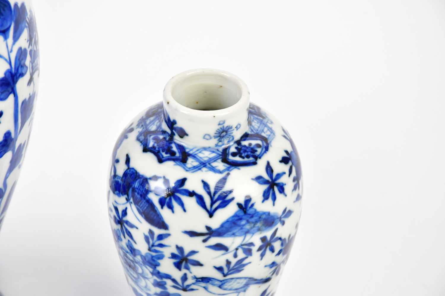 Two 19th century blue and white Chinese lidded vases and covers both with character marks to the - Image 5 of 7