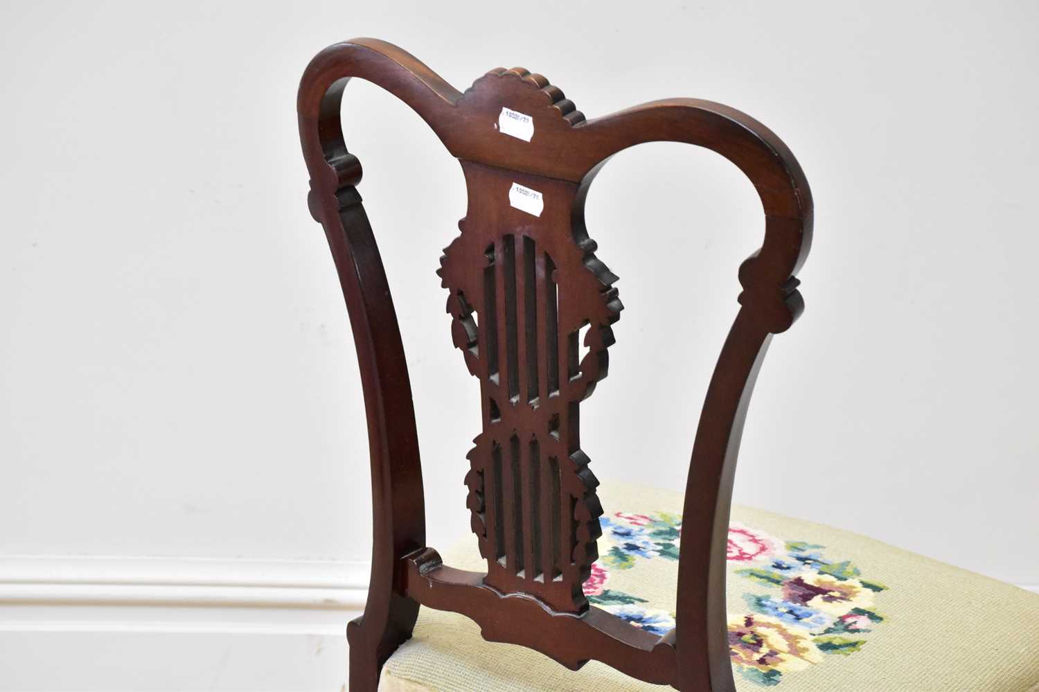 An Edwardian mahogany framed side chair, with carved open pierced back and floral woolwork seat. - Image 3 of 3