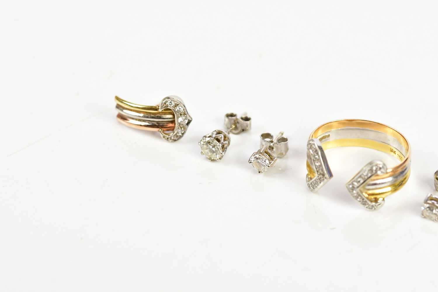 Two pairs of diamond stud earrings, larger pair approx 0.33ct, an 18ct diamond set band, size L 1/2, - Image 3 of 3