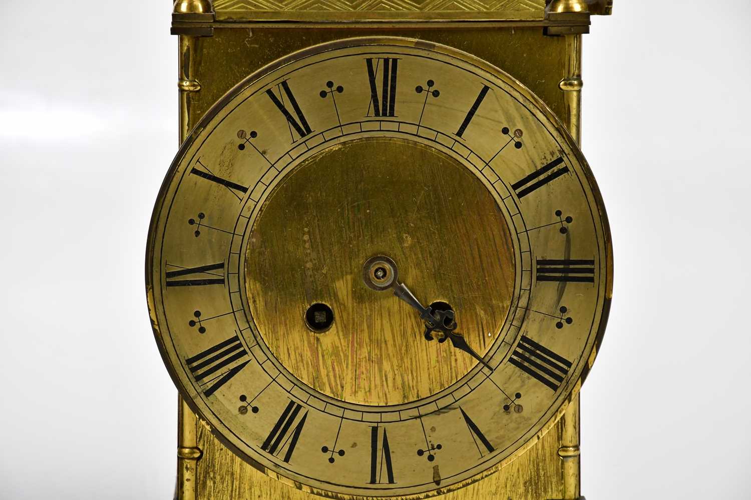 A reproduction brass lantern type mantel clock, with burnt finial above the silvered chapter ring, - Image 3 of 3