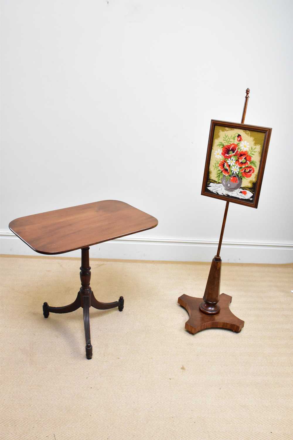 A 19th century mahogany tilt-top tripod table, height 72cm, width 77cm, depth 50cm, and a