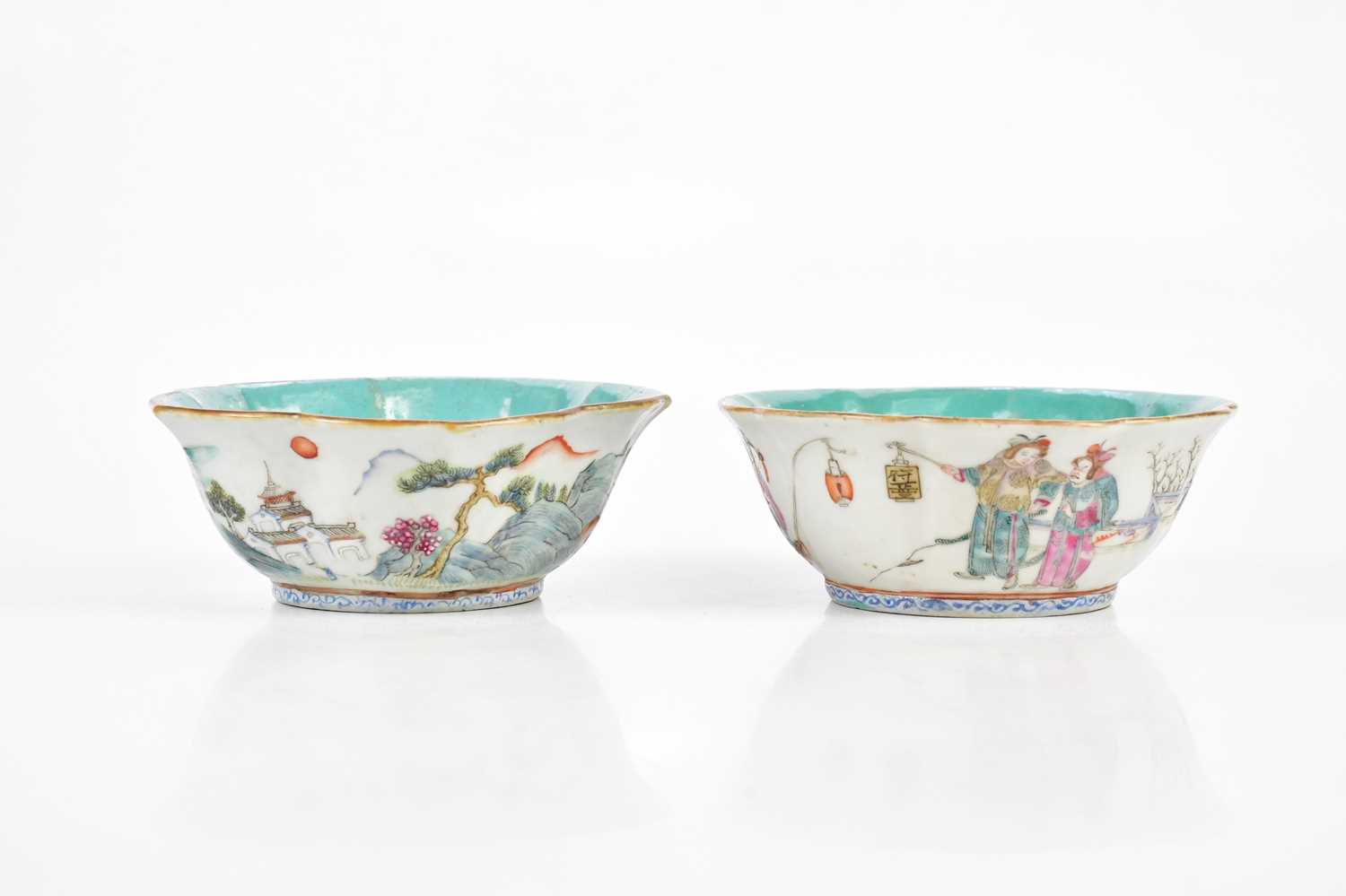Two late 19th/early 20th century Chinese Famille Rose bowls with leaf/scalloped shaped rims, one - Image 3 of 13