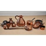 A collection of 19th century and later metalware, including a large copper four gallon jug, a copper