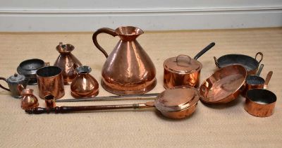 A collection of 19th century and later metalware, including a large copper four gallon jug, a copper