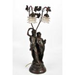 A modern bronzed figural table lamp with two frosted floral glass shades above a young couple,