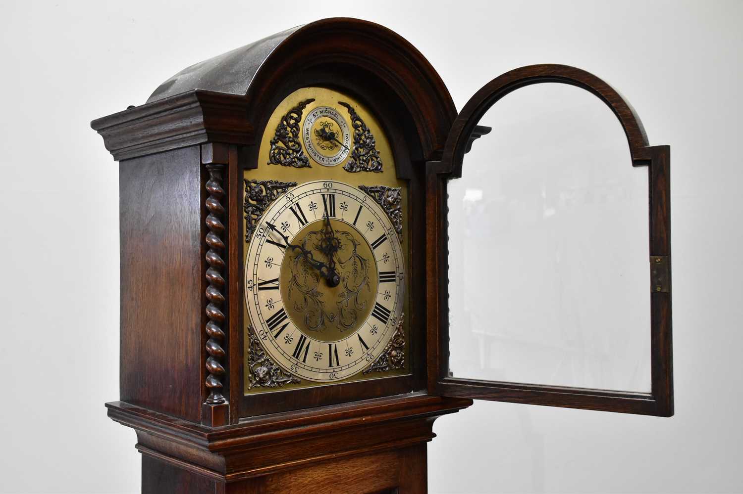 An early 20th century oak longcase clock, with St Michael Westminster and Withington chimes, on - Image 2 of 6
