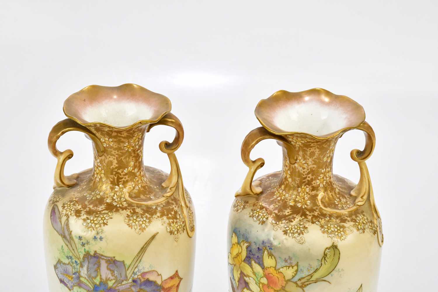 DOULTON BURSLEM; a pair of twin handled vases with wavy rims, each with hand-painted floral - Image 3 of 5