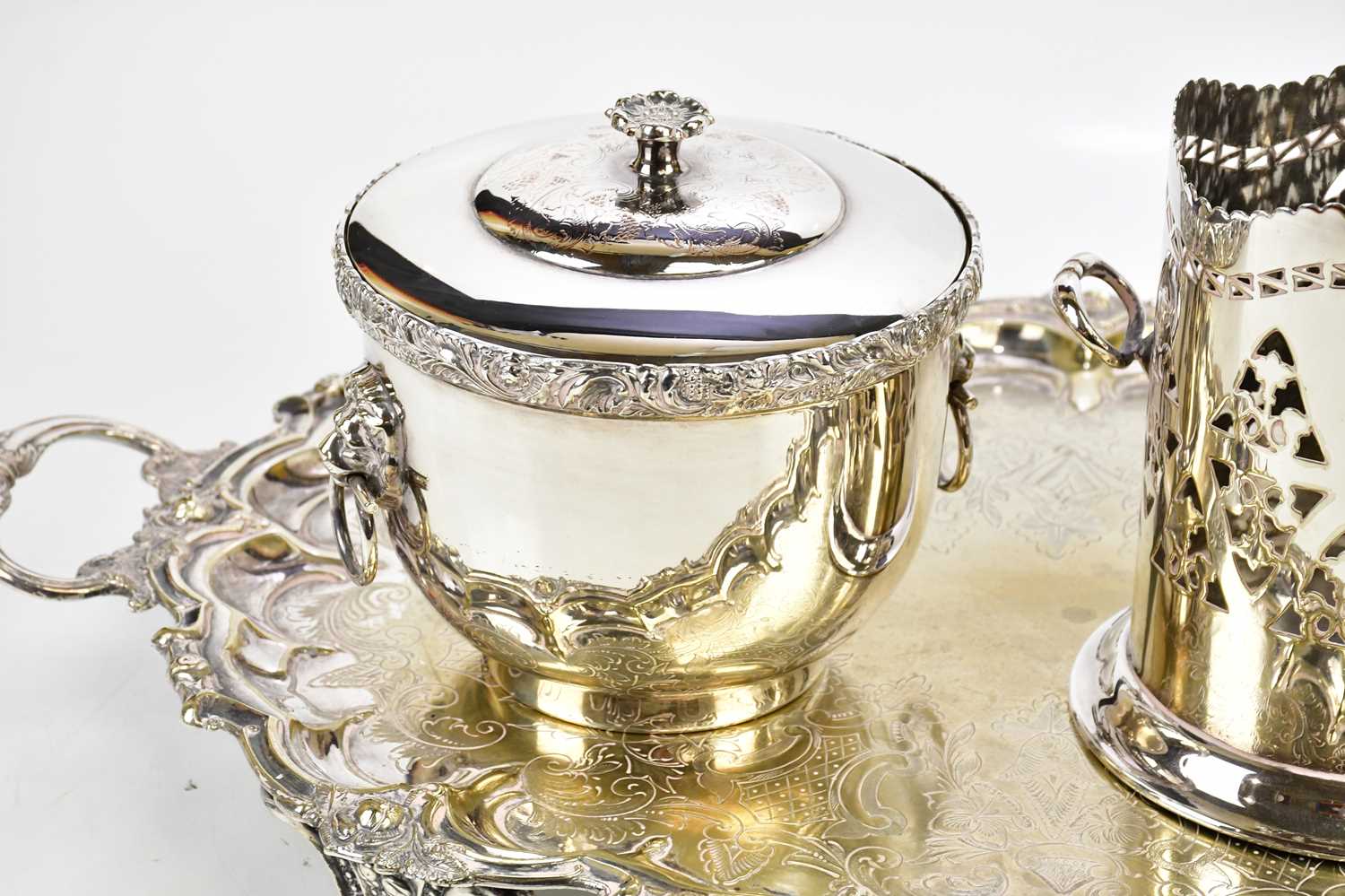 A large silver plated twin handled tray, width 60cm, together with a further electroplated bottle - Image 3 of 4