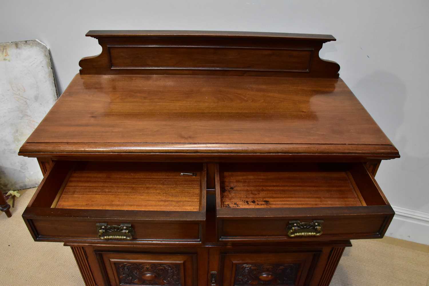 A late 19th century walnut buffet, with two drawers above two cupboard doors, height 112cm, width - Image 2 of 4