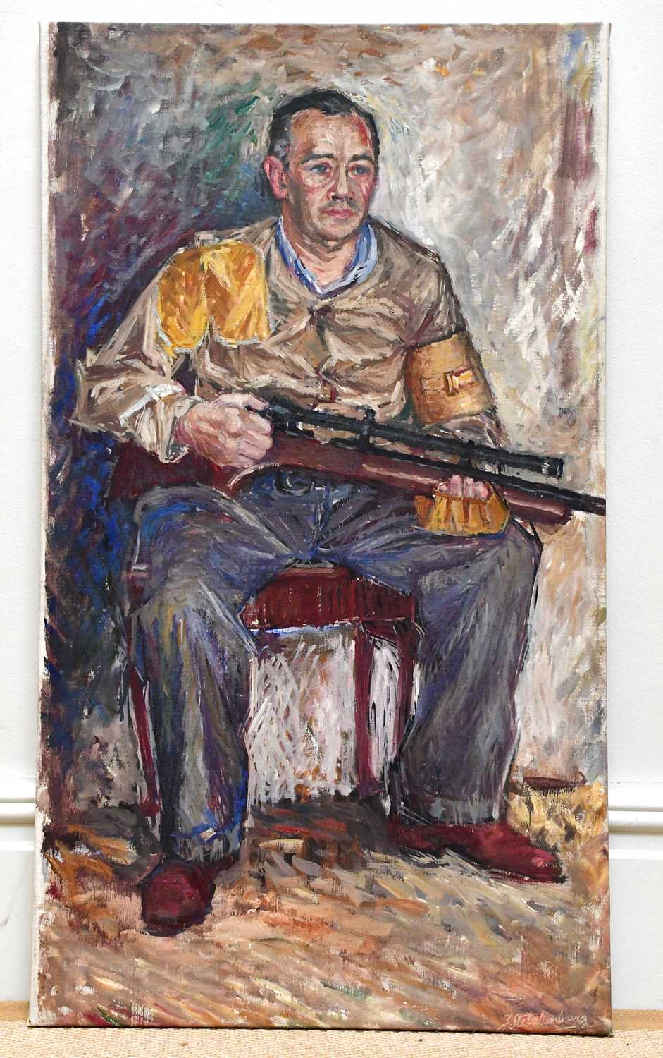 † JAN STEKELENBURG (1922-1977); oil on canvas, seated man with a gun, signed and dated 1949 lower