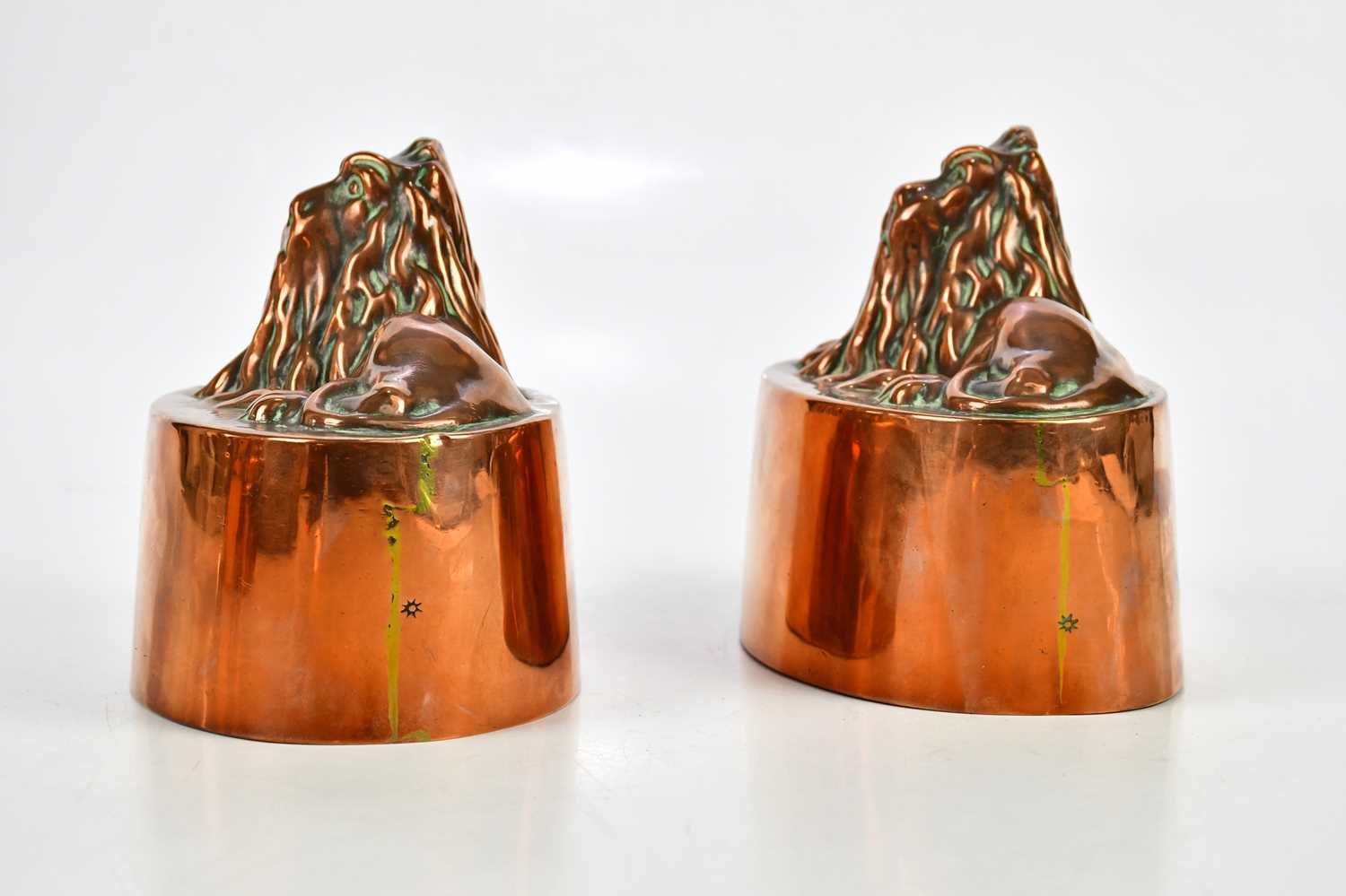 BENHAM & FROUD; a pair of 19th century copper jelly moulds of oval form, topped with recumbent - Image 7 of 9