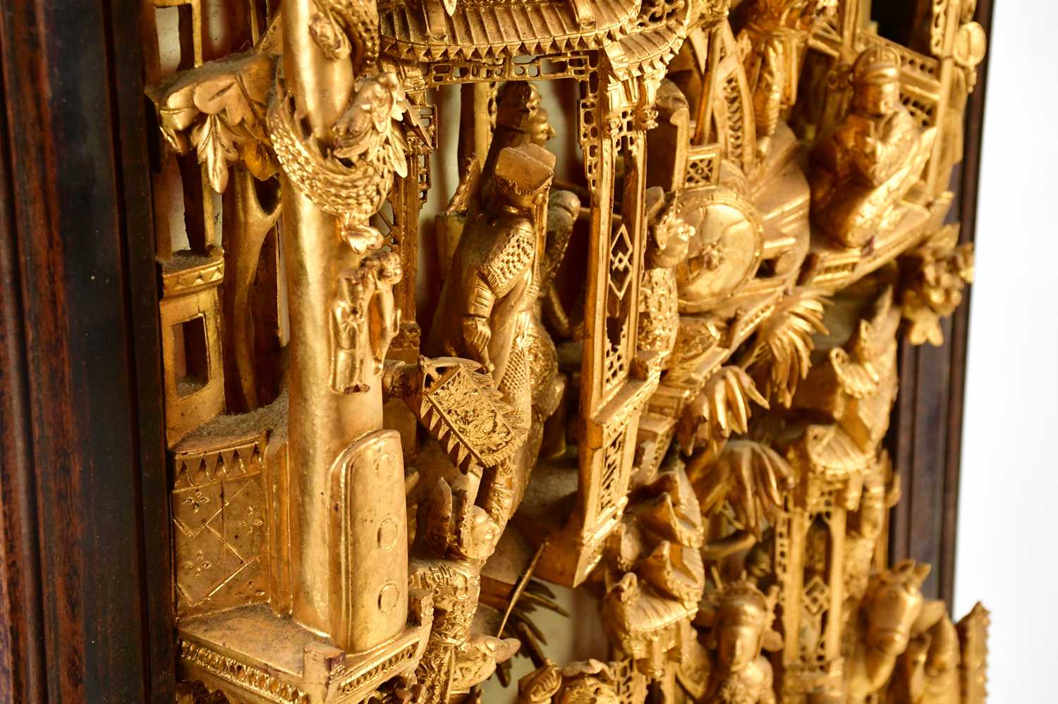 A Chinese gilt wood panel depicting figures in a temple scene within rosewood frame, overall 82 x - Image 6 of 6