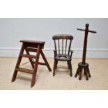 A vintage set of pine step ladders and a child's elm seated commode chair, also a wash dolly (3).