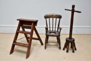 A vintage set of pine step ladders and a child's elm seated commode chair, also a wash dolly (3).