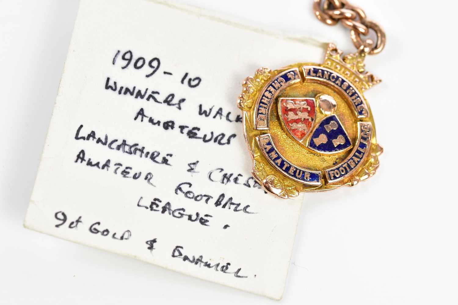 LANCASHIRE & CHESHIRE AMATEUR FOOTBALL; a 9ct yellow gold and enamel winners' medal, awarded to J - Bild 6 aus 6