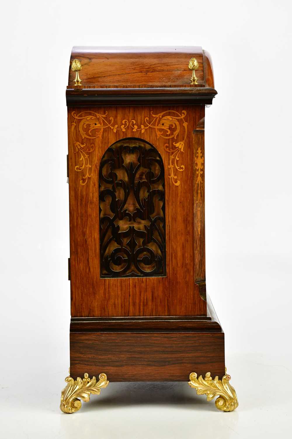 A late 19th century inlaid rosewood bracket clock, with four gilt metal finials above the silvered - Image 3 of 5