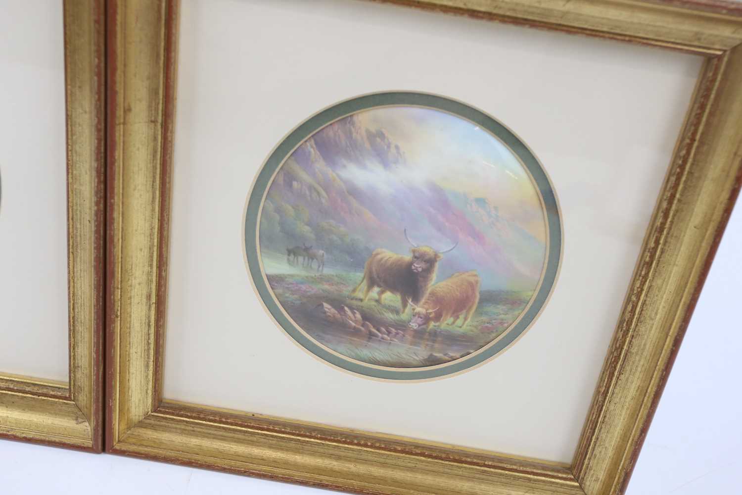 F MICKLEWRIGHT; a pair of hand painted Paragon plaques, Highland cattle, both signed, diameter 11. - Image 3 of 4