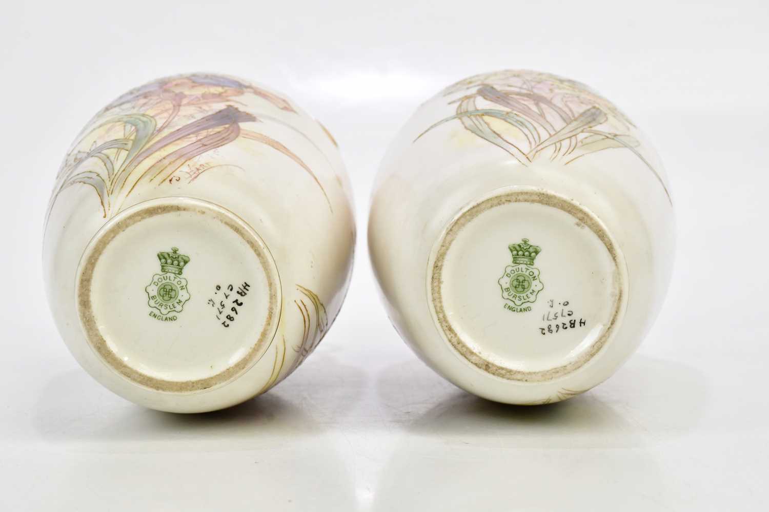 DOULTON BURSLEM; a pair of twin handled vases with wavy rims, each with hand-painted floral - Image 2 of 5