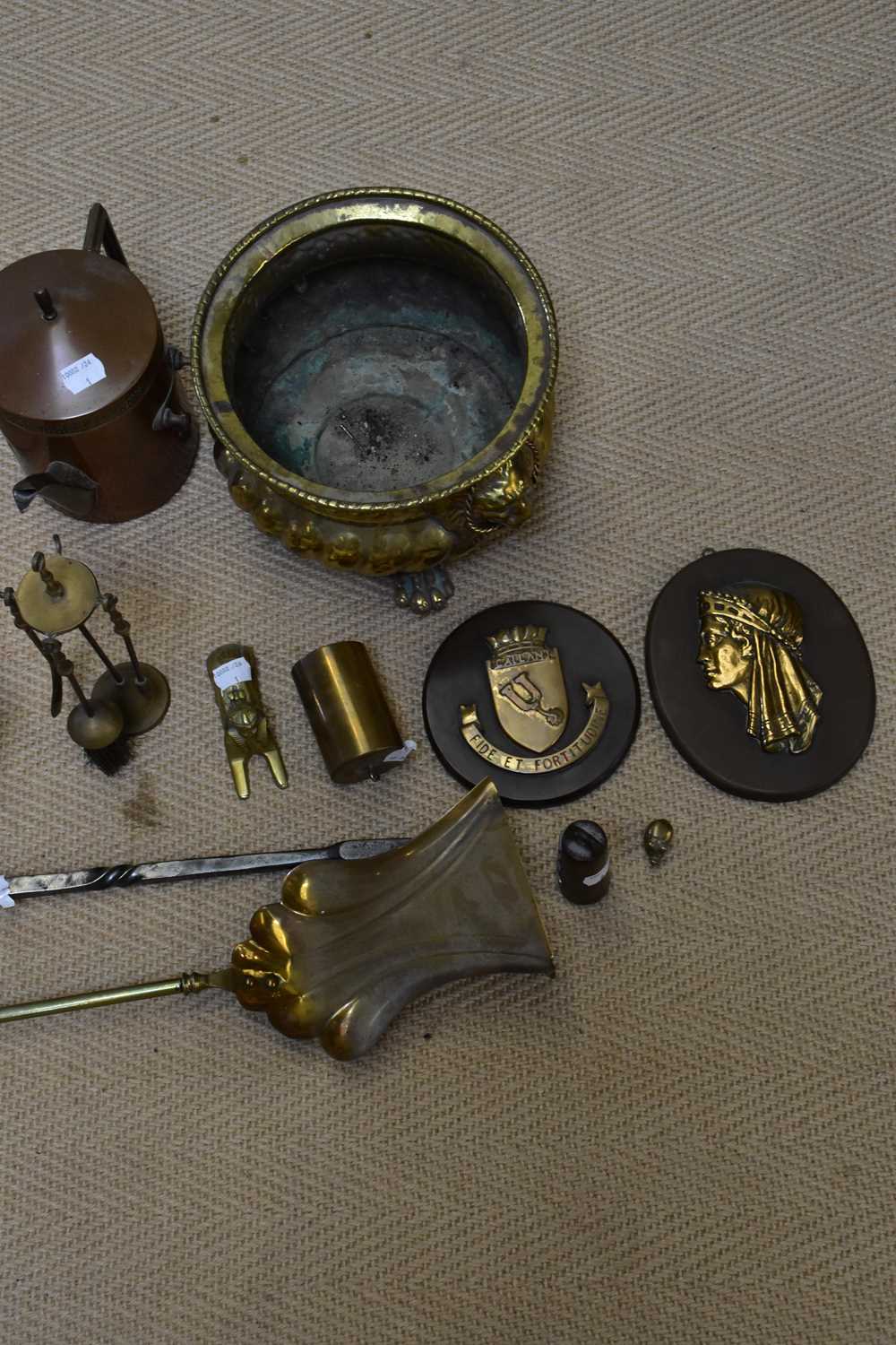 A collection of 19th century and later metalware including a companion set, a fender, horse brasses, - Image 5 of 7