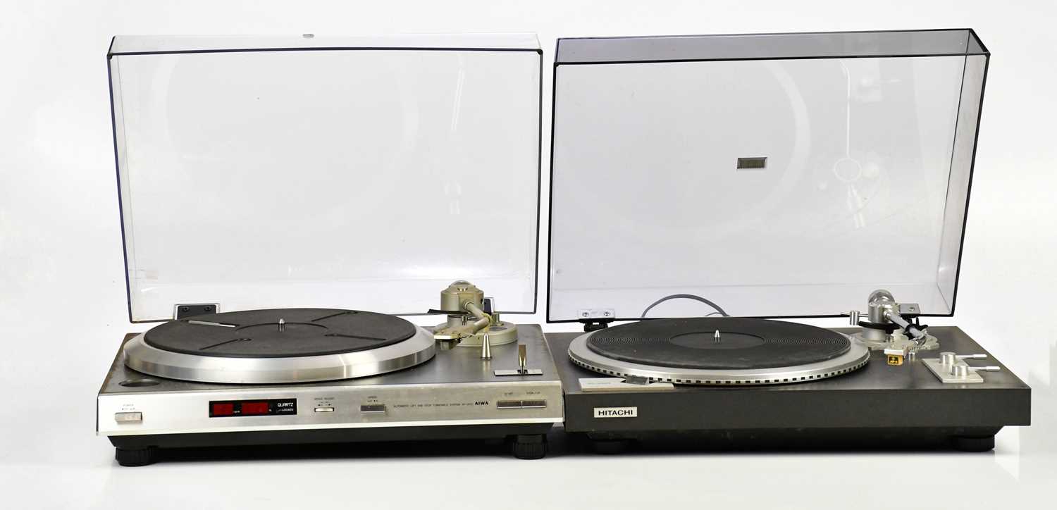 HITACHI; a uni-talk quartz lock direct drive turntable HT-550, with an Aiwa AP-2600 turntable.