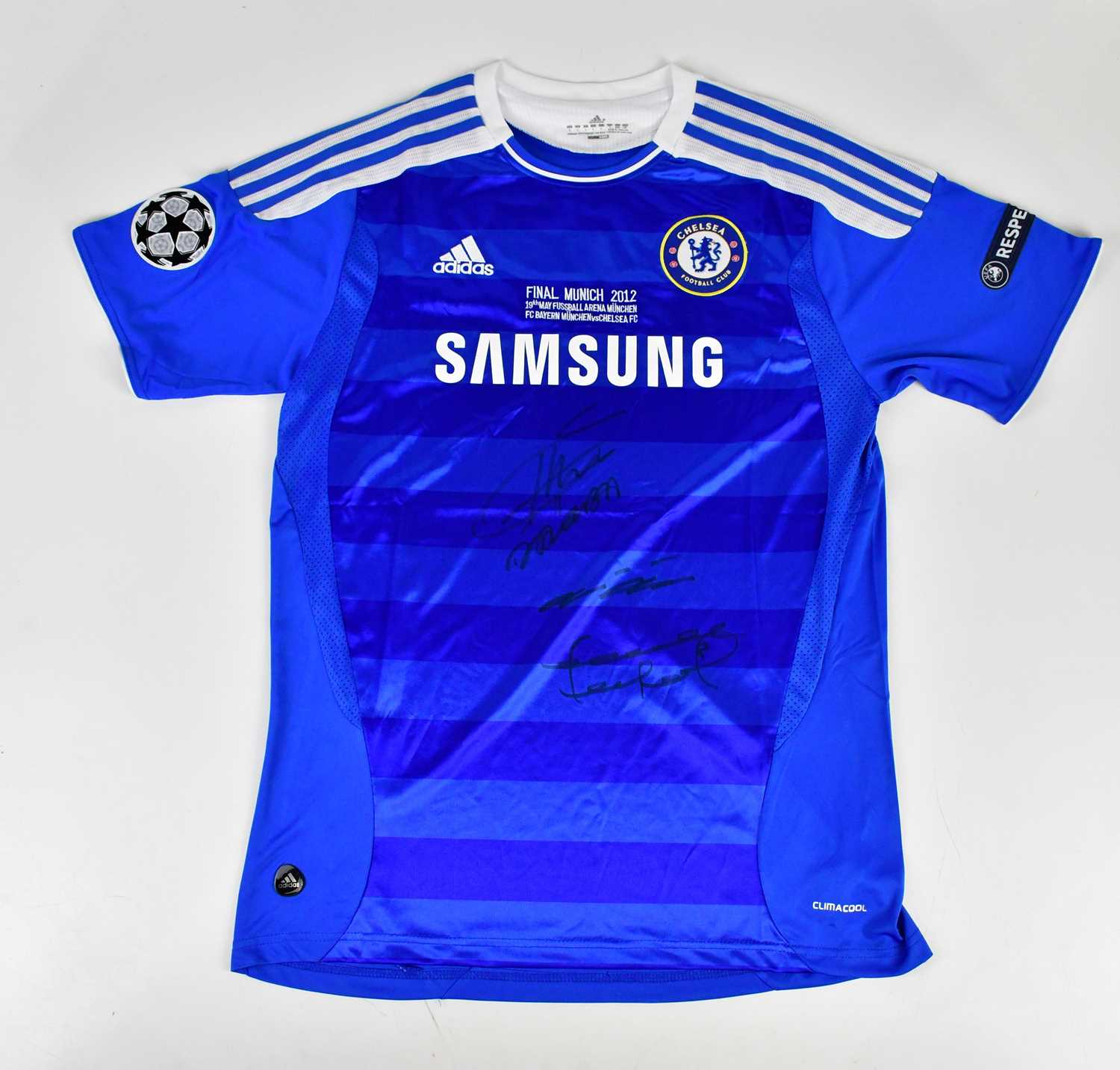 CHELSEA; a 2012 Champions League Winner retro style football shirt, signed by Drogba, Terry and