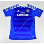 CHELSEA; a 2012 Champions League Winner retro style football shirt, signed by Drogba, Terry and