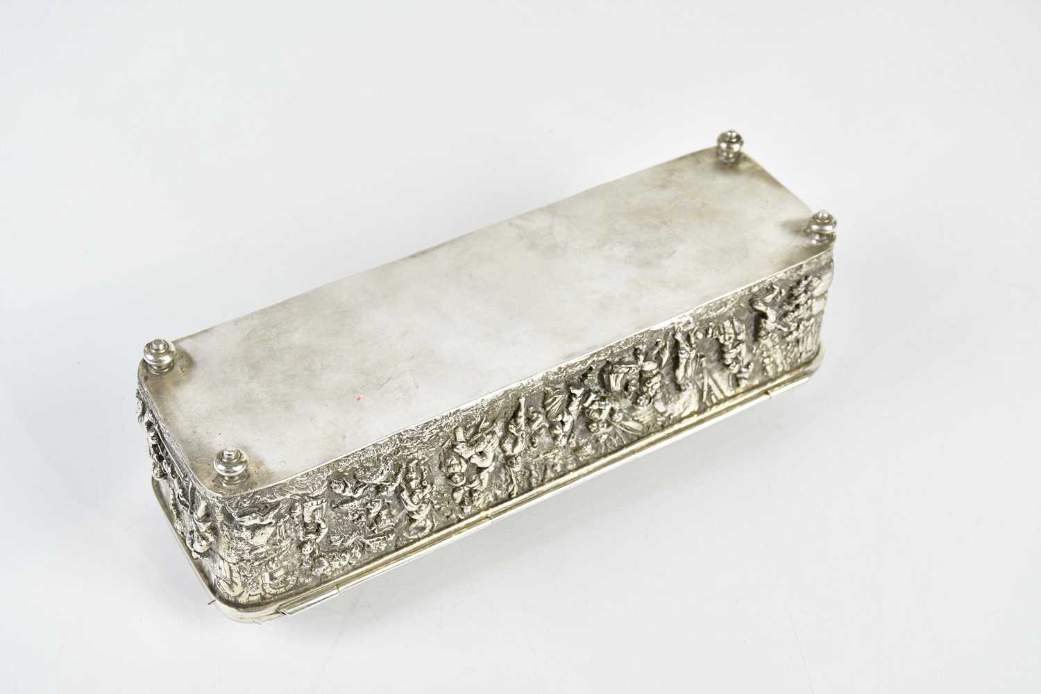 A Continental white metal casket of rectangular form embossed with tavern scenes and figures on - Bild 2 aus 6