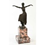 An Art Deco style bronze figure of dancing female, on marble base, height 32cm.