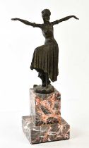An Art Deco style bronze figure of dancing female, on marble base, height 32cm.