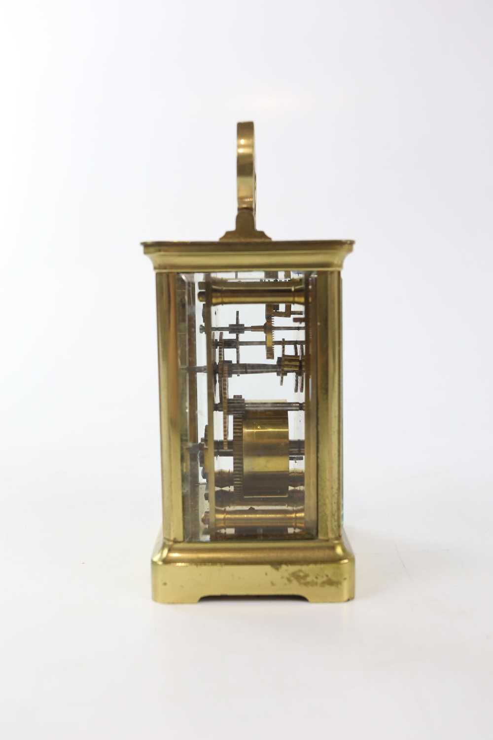 BRAMWELL & SONS; a French brass carriage timepiece, height with handle down 11.5cm, with leather - Image 2 of 5