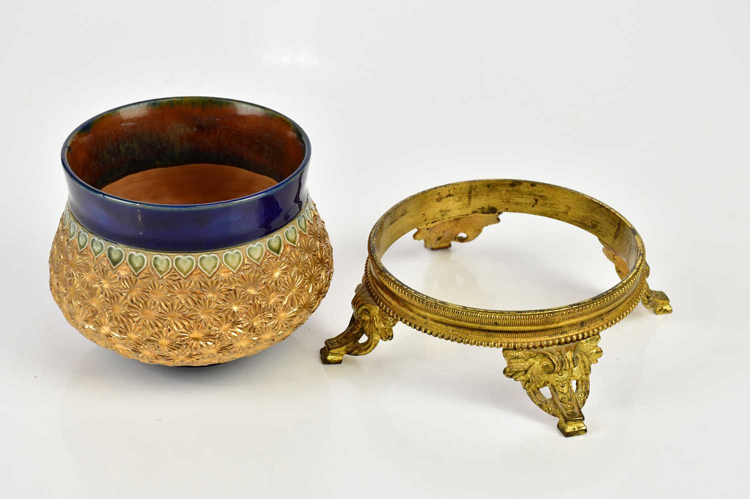ROYAL DOULTON; gilt bowl, with maker's marks to the underside, together with associated brass stand, - Image 3 of 4