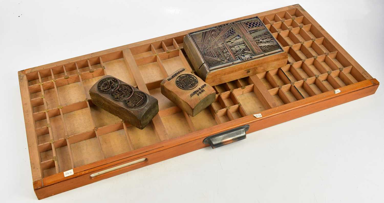 Three copper and wood printing blocks, the largest length 22cm, with an eighty-nine section