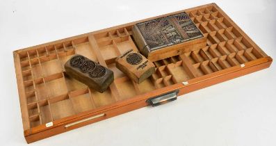 Three copper and wood printing blocks, the largest length 22cm, with an eighty-nine section