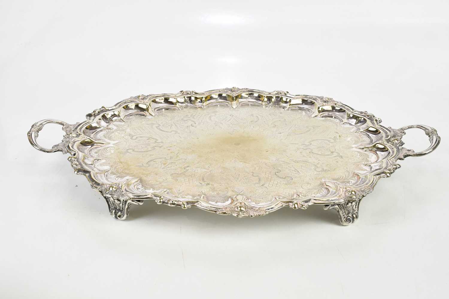 A large silver plated twin handled tray, width 60cm, together with a further electroplated bottle - Image 4 of 4