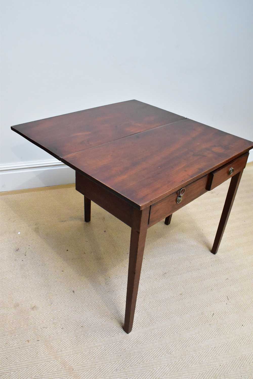 A Georgian mahogany fold-over two drawer tea table on square legs, width 86cm, depth 42cm, height - Image 4 of 4