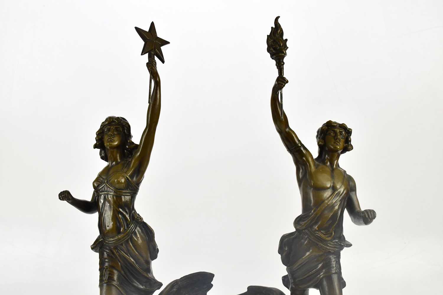 A pair of early 20th century bronzed figures, 'Le Jour' and 'La Nuit', on socle bases, height - Image 2 of 5