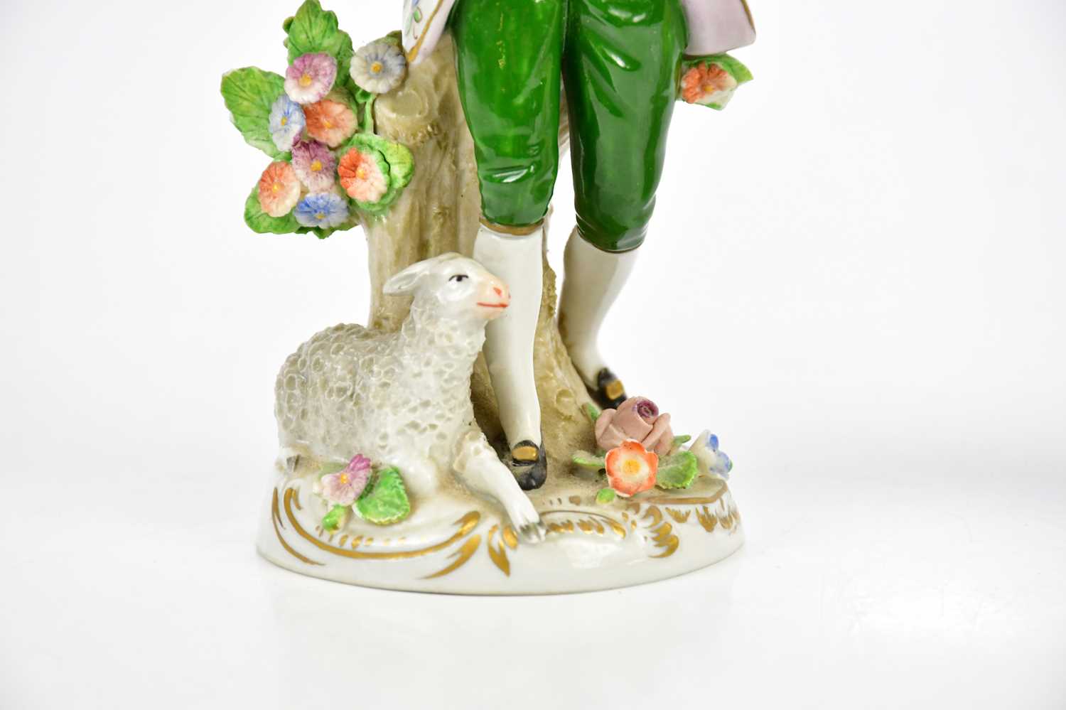 SITZENDORF; a pair of 20th century figures representing a gentleman and lady beside sheep, height - Image 4 of 6