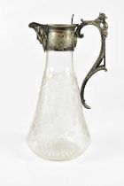 A late 19th/early 20th century etched glass claret jug with silver plated mounts and handle,