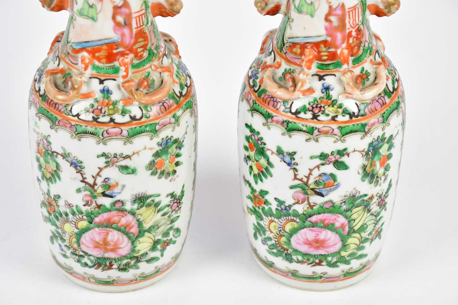 A pair of early 20th century Chinese Canton vases with moulded animal handles and climbing serpents, - Image 5 of 6