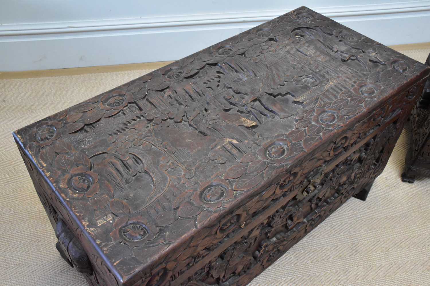 Two carved camphor wood chests, larger 48 x 94 x 45cm. - Image 2 of 5