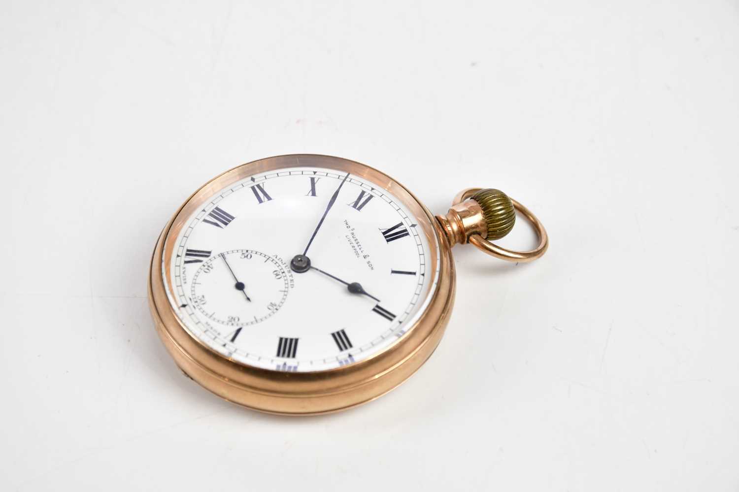 A 9ct yellow gold crown wind open face pocket watch with Roman numerals to the white enamel dial, - Image 2 of 4