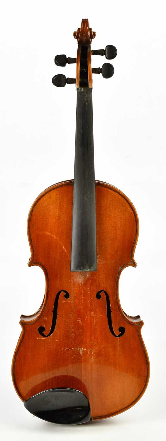 A full size German violin with two-piece burr maple back length 36cm, labelled 'Manufactured in - Image 2 of 13