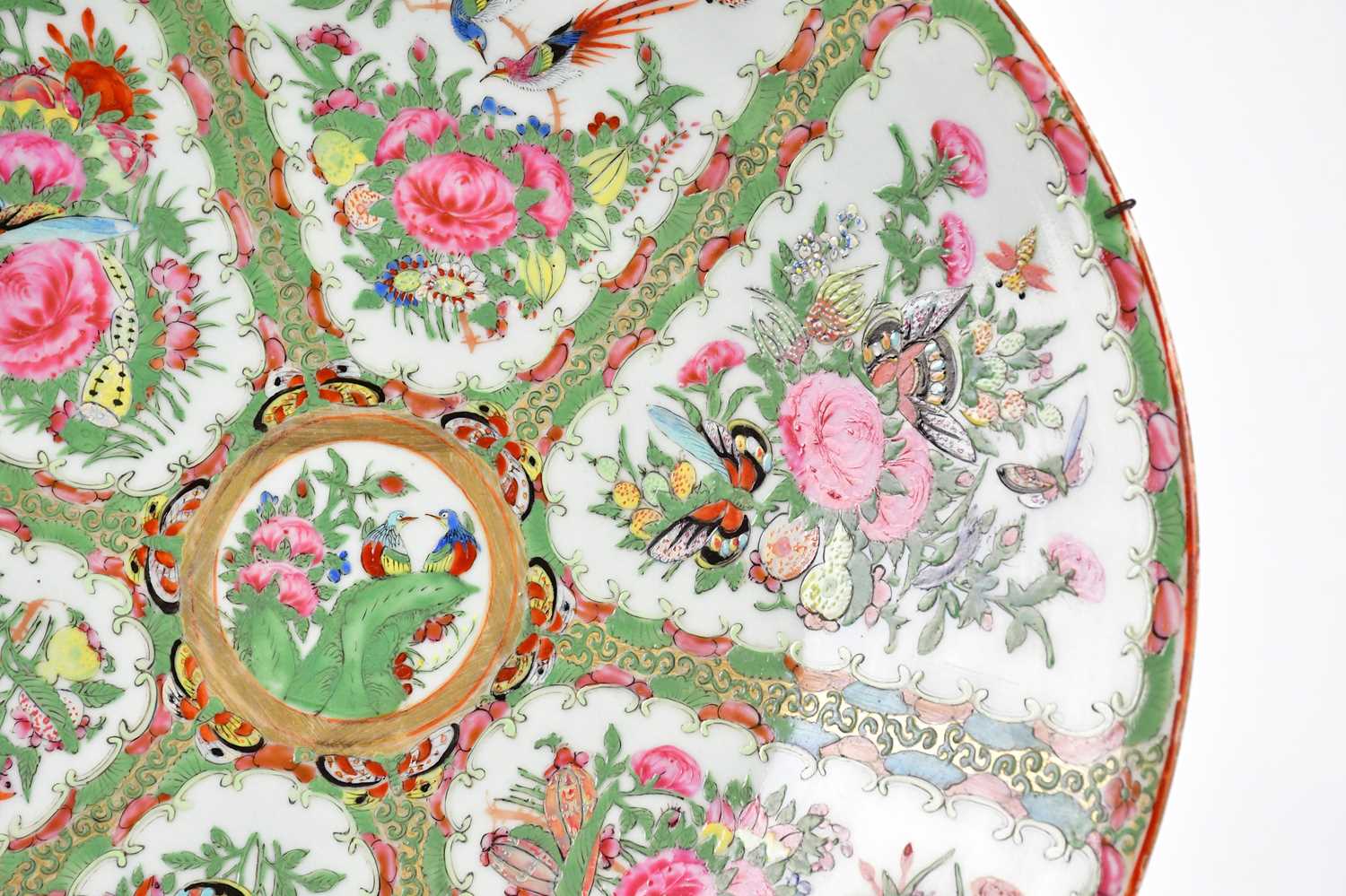 A 19th century Famille Rose wall charger decorated with birds and butterflies, diameter 41cm. - Image 3 of 8