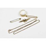 A small collection of 9ct gold jewellery comprising three brooches and a necklace, together with a