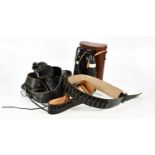 CROSS CHANNEL; a pair of 40 x 70 binoculars, cased, and an assortment of leather holsters.