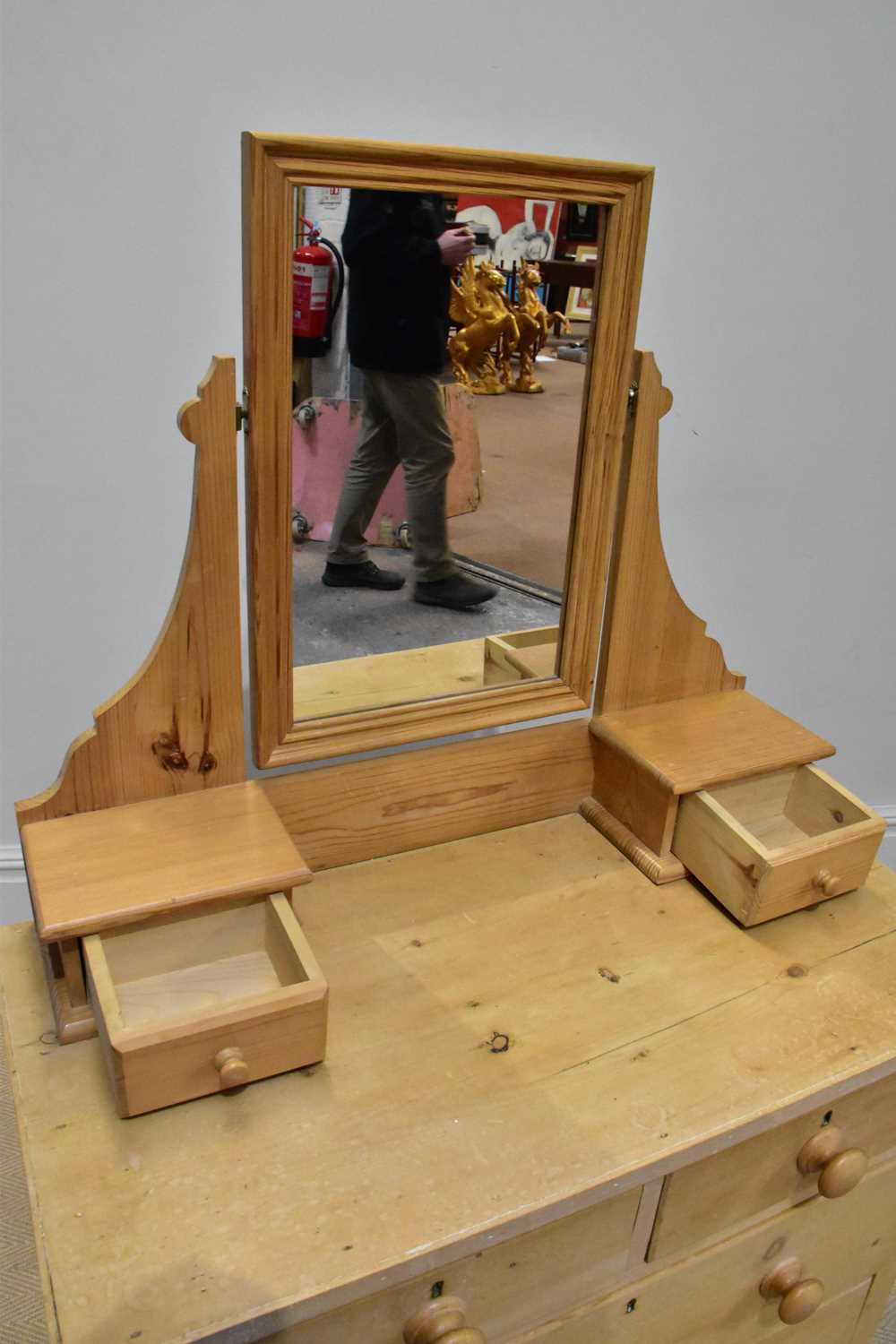 An old stripped pine mirror back dressing table with an arrangement of six drawers on plinth base, - Image 2 of 3